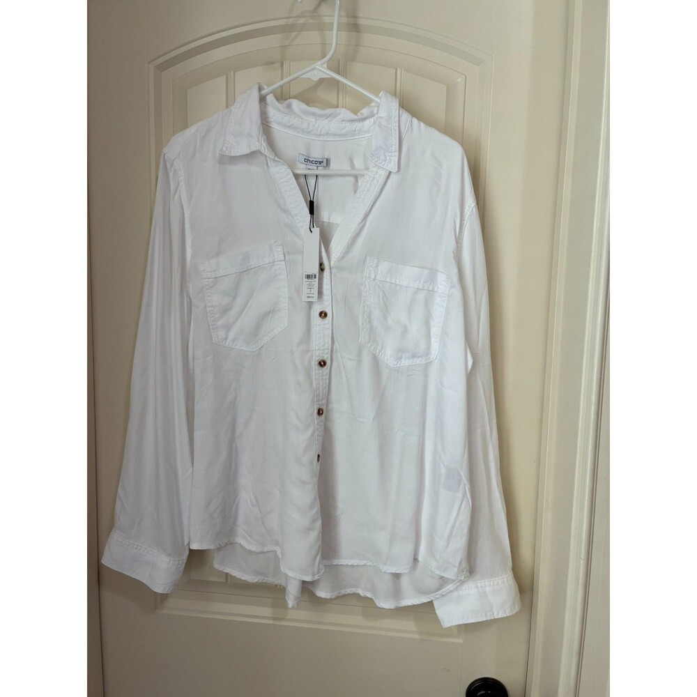 Chicos Long WHITE Denim Button Up Shirt Size 3 US XL  Tencel Tunic